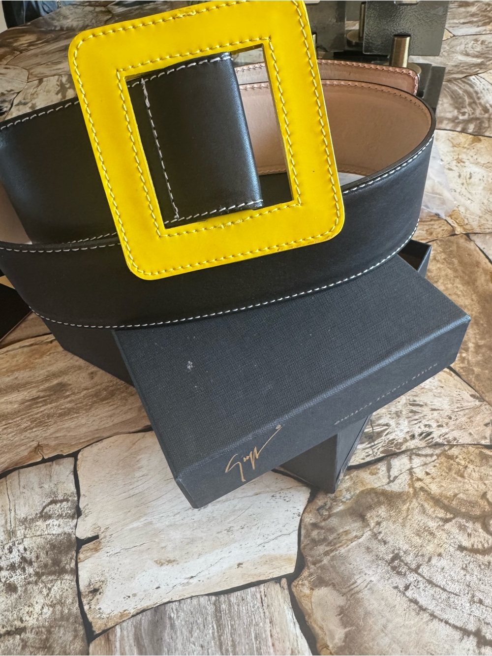 Giuseppe Zanotti Black Leather Belt with Yellow Buckle